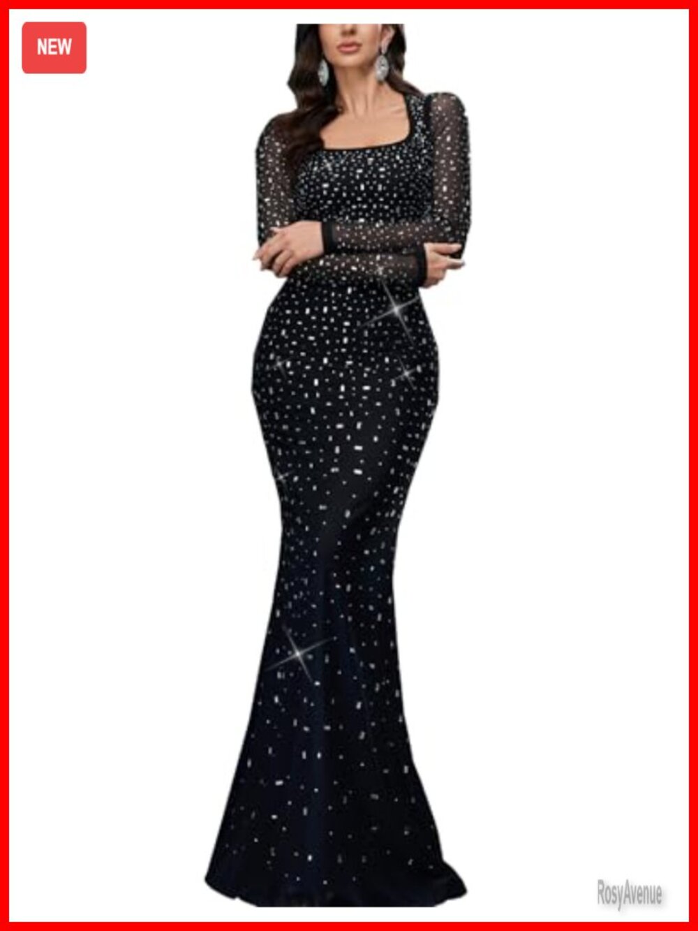 Sequin Mermaid Prom Dress Long Sleeve Rhinestone Evening Gown